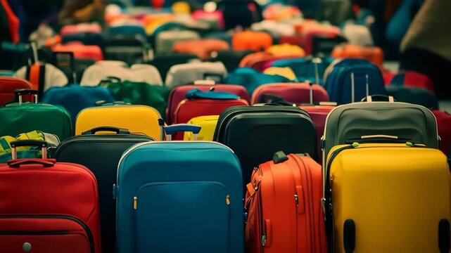 Assortment of colorful suitcases and luggage in a crowded area travel baggage