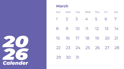 March 2026 Calendar Displaying Dates and Days of the Week.