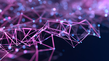 Digital Network Visualization: Intricate network of interconnected lines and nodes, a visual symphony of the digital world, rendered in vibrant hues of magenta and teal. 