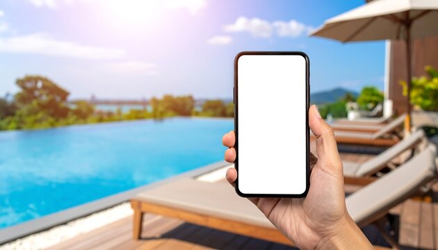 Hand holding a blank phone in a luxury poolside setting with lounge chairs & clear blue sky, sunny lens flare
