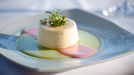 Culinary Elegance: An artistic close-up reveals a culinary masterpiece – a perfectly formed panna cotta, delicately plated with artful sauces and garnished with fresh herbs.