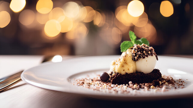 Gourmet Delight: An artistic presentation of a meticulously crafted gourmet dessert, a culinary creation of exquisite flavors, is served on a pristine plate, set against a backdrop of soft.