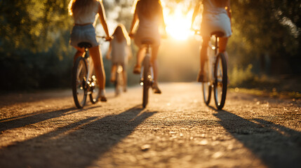 Bicycle Ride into Sunset: Silhouettes of cyclists journey towards the sunset, creating a warm, idyllic scene that exudes freedom and the bliss of summer.
