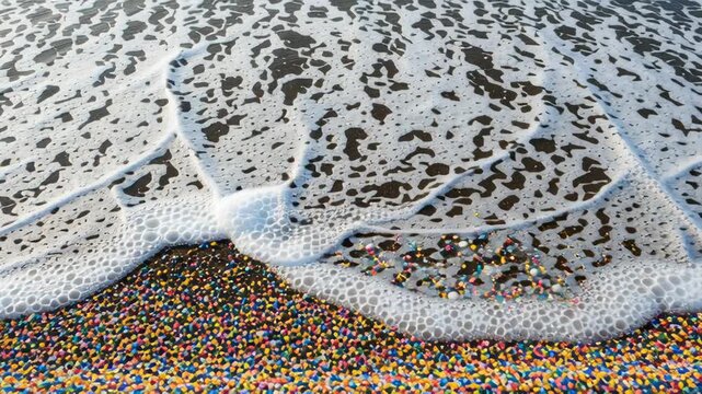 Colorful plastic pebble beach shows micro pollution on sand with ocean foam and debris along shore creating striking contrast and bittersweet coastal scene