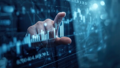 Human hand engaging with a dynamic digital display of financial graphs and market trends, representing data analysis, business strategy, and technological advancement