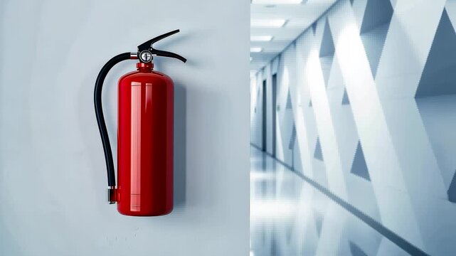 A bright red fire extinguisher mounted on a wall beside a modern hallway with reflective flooring creating a clean safety-focused interior environment