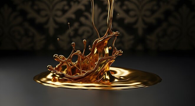 Golden liquid splash with intricate details against a dark patterned background in a studio setup