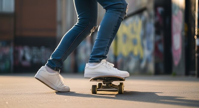 Skateboard and sneakers on urban street