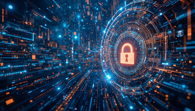 A digital fortress protecting data with a glowing padlock in a futuristic cyber landscape, symbolizing cybersecurity and the importance of data encryption and secure network infrastructure