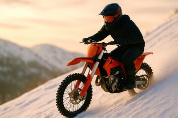 A man is riding a dirt bike on a snowy mountain
