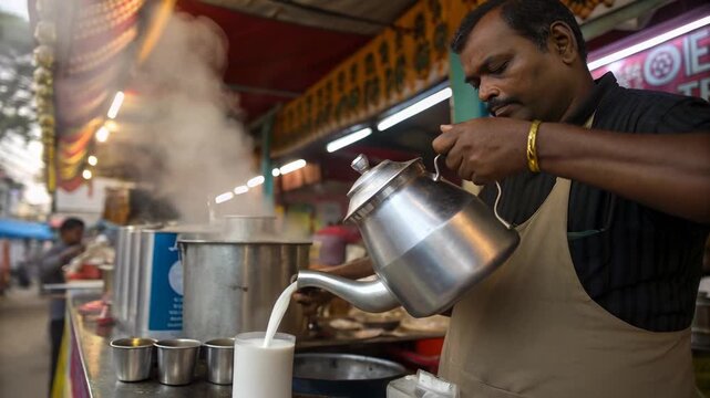 Indian tea stall vendor pours hot tea from metal kettle into glass cup at vibrant street market, steam rising in lively atmosphere, serving hot cup