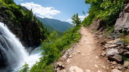 Scenic Hiking Path: A captivating image features a picturesque hiking path winding along a mountainside, a stunning waterfall cascading powerfully nearby.