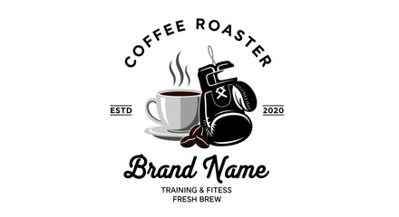 Coffee roaster logo featuring a steaming cup of coffee, coffee beans, and boxing gloves, with 