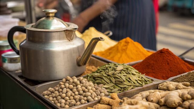 Indian tea stall with steaming metal kettle, vibrant spices like turmeric, chili, bay leaf, ginger, cardamom, and fresh herbs colorful street market
