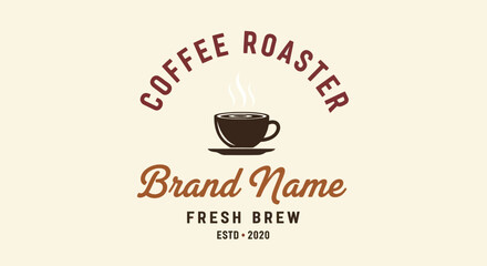 A vintage-style logo template for a coffee roaster featuring a steaming cup and customizable brand name text.