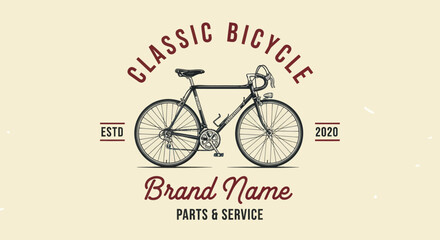 A vintage-style logo emblem for a classic bicycle shop, featuring a retro road bike illustration for parts and service.