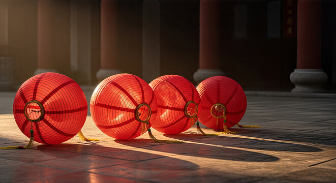 Four vibrant red Chinese lanterns casting long shadows on a traditional floor.