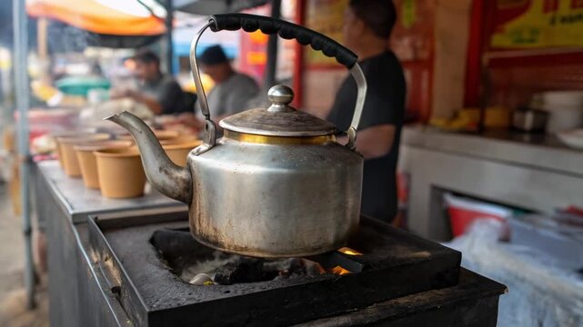 Indian tea stall kettle boiling on open flame with clay cups arranged nearby, steam rising, vibrant street market atmosphere, warm and inviting scene