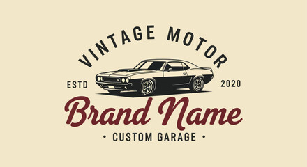 Classic American muscle car illustration within a vintage motor custom garage logo emblem.