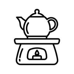 Black and white line art illustration of a teapot placed on a warmer with a lit candle underneath