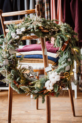 Christmas wreath and wintertime gifts prepared for celebration.