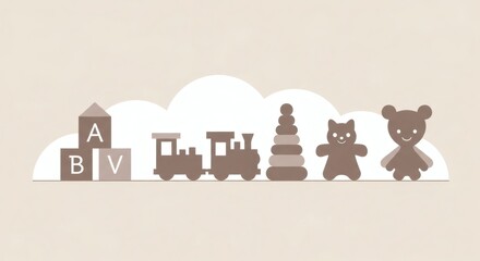 A charming illustration of children's toys including blocks, a train, stacking rings, and teddy bears against a soft, neutral background.