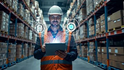 A warehouse worker wearing a helmet and safety vest using a digital tablet as glowing smart logistics graphics appear around him in a modern storage facility - Powered by Adobe