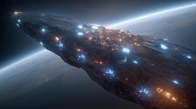 Futuristic Spaceship Orbiting a Planet