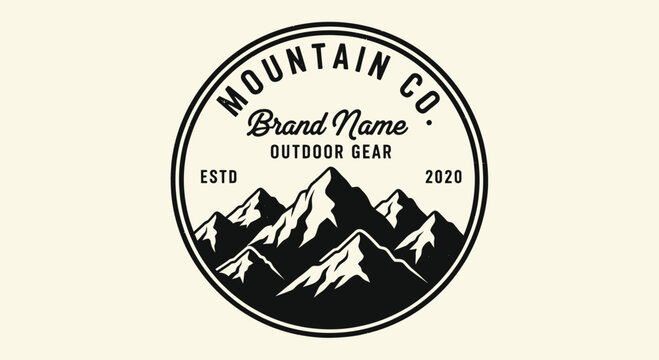 Circular logo featuring stylized mountain range silhouette, "Mountain Co." text, "Brand Name", "Outdoor Gear", and established date.