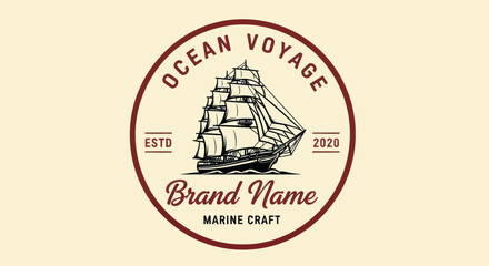 Vintage-style logo featuring a detailed sailing ship inside a circular frame with the text "Ocean Voyage" and "Brand Name". © Yahya