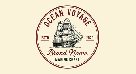 A vintage circular logo featuring a detailed sailing ship with multiple masts and sails, accompanied by "OCEAN VOYAGE" text.