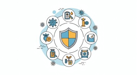 Conceptual illustration of a shield surrounded by icons representing health, protection, and security.
