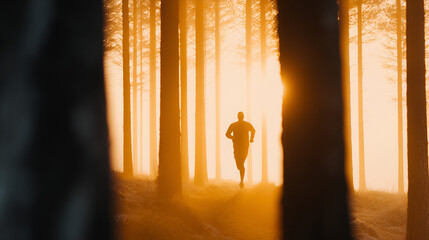 Forest Runner: Silhouette of a lone runner sprints through a sunlit forest trail, embodying determination, strength, and the freedom of the outdoors.