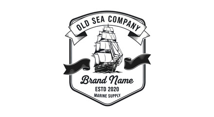 A vintage black and white logo for a marine supply company, featuring a detailed tall sailing ship within a shield emblem and banners. © Yahya
