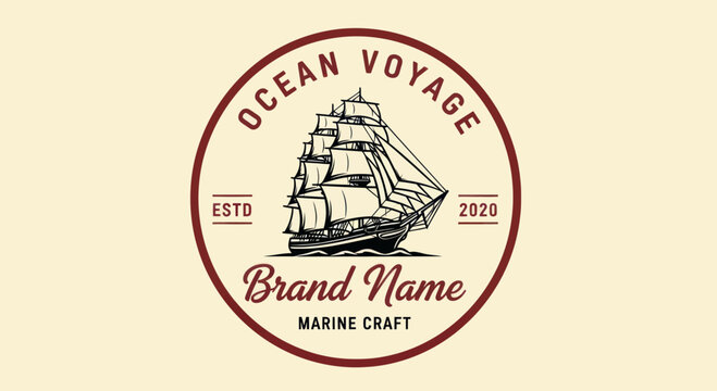 Vintage-style logo featuring a detailed sailing ship inside a circular frame with the text "Ocean Voyage" and "Brand Name".
