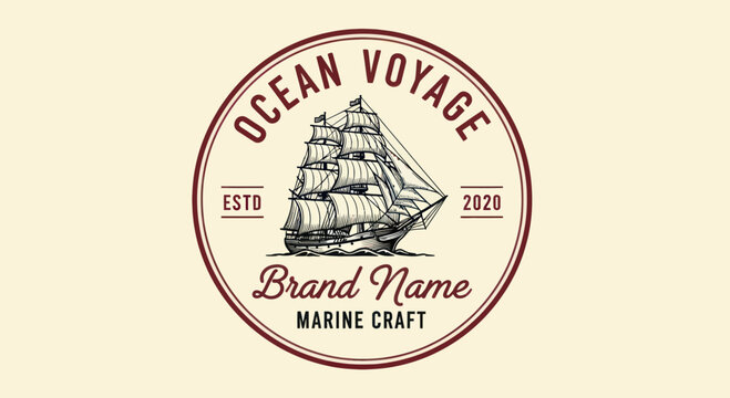 A vintage circular logo featuring a detailed sailing ship with multiple masts and sails, accompanied by "OCEAN VOYAGE" text.