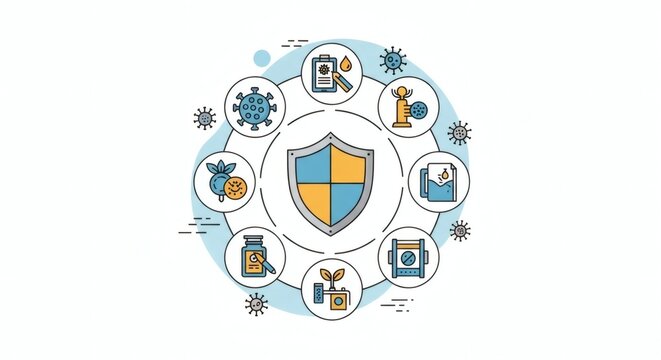 Conceptual illustration of a shield surrounded by icons representing health, protection, and security.