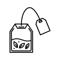 Minimalist black and white line art illustration of a tea bag with string and tag, ready for brewing