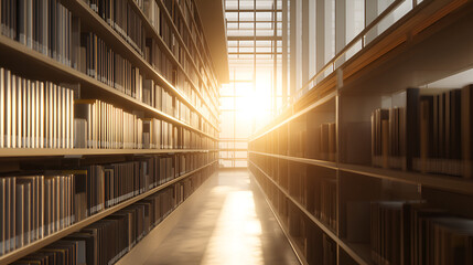 Library of Knowledge: An inviting, sun-drenched library space, lines of books along shelves lead the eye to an illuminated window. Evoking a sense of learning, knowledge, and scholarly pursuit. 