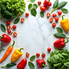A bright food-photography style image with fresh vegetables. A wide variety of vegetables surrounds a white marble background.