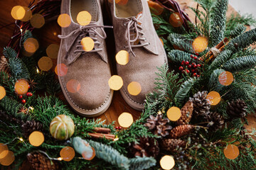 Christmas wreath and wintertime gifts prepared for celebration.