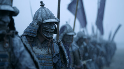 Ancient Warriors in Misty Landscape