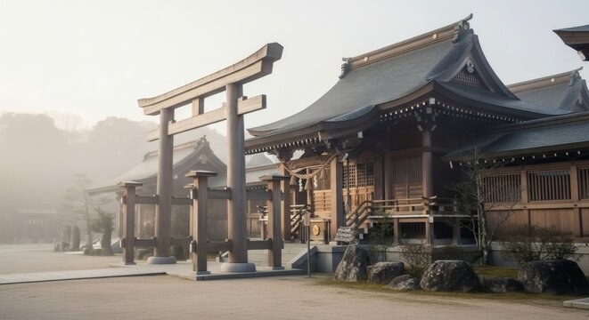 A serene view of a traditional Japanese shrine with a large wooden torii gate and ancient buildings in a misty setting. - Powered by Adobe