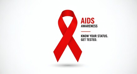 A red ribbon, a symbol of AIDS awareness, with text 'AIDS AWARENESS' and 'KNOW YOUR STATUS. GET TESTED.' on a white background.