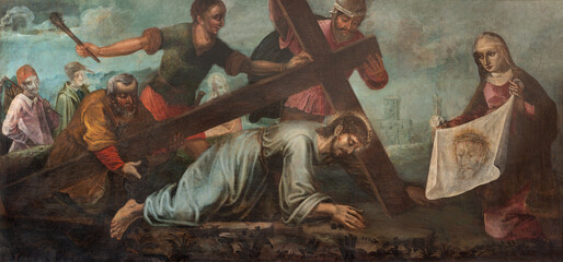 SALZBURG, AUSTRIA - SEPTEMBER 6, 2025: The painting of Fall of Jesus under the cross in the church...