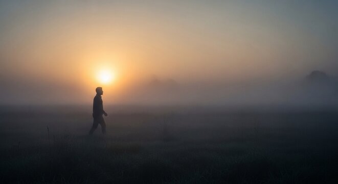 Man walking in foggy field at sunrise.
