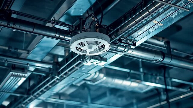 Industrial ceiling filled with metal pipes, ducts, and a mounted ventilation fan illuminated by cool blue lighting creating a modern engineered facility scene