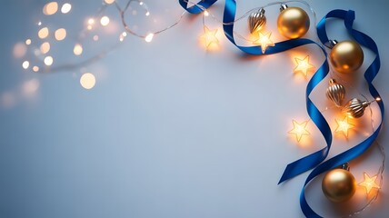 Elegant Festive Background with Blue Ribbon and Star Lights in Soft Pastel Design – 4K Holiday Decoration Template