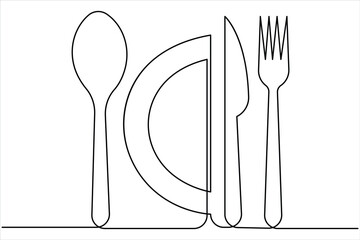 One continuous line art drawing of food tools. Spoon, fork, plate and knife for decoration restaurant menu linear design vector illustration