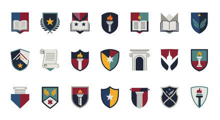 A modern collection of university heraldry icons, featuring shields, torches, and books for academic branding